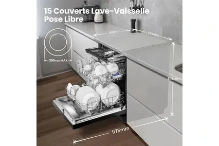 Comfee Lave-vaisselle pose libre FD1535E-DX L60cm 42db avec 15 couverts, 8 programmes, Affichage LED Dark Inox-Énergétique C DUMANOIR