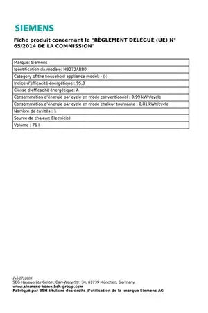 SIEMENS Hb272abb0 Four encastrable DUMANOIR