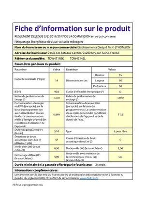 Thomson TDW4714DSL Lave vaisselle DUMANOIR